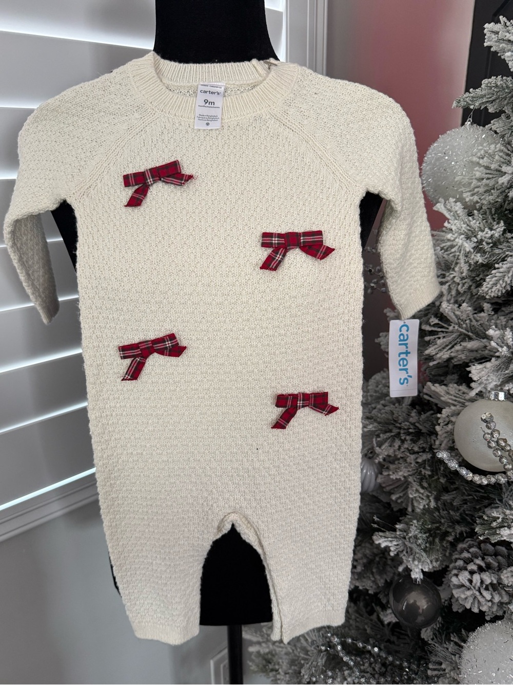 Carter's Cream Knit One-Piece with Red Plaid Bows size 9 month NWT retail $40